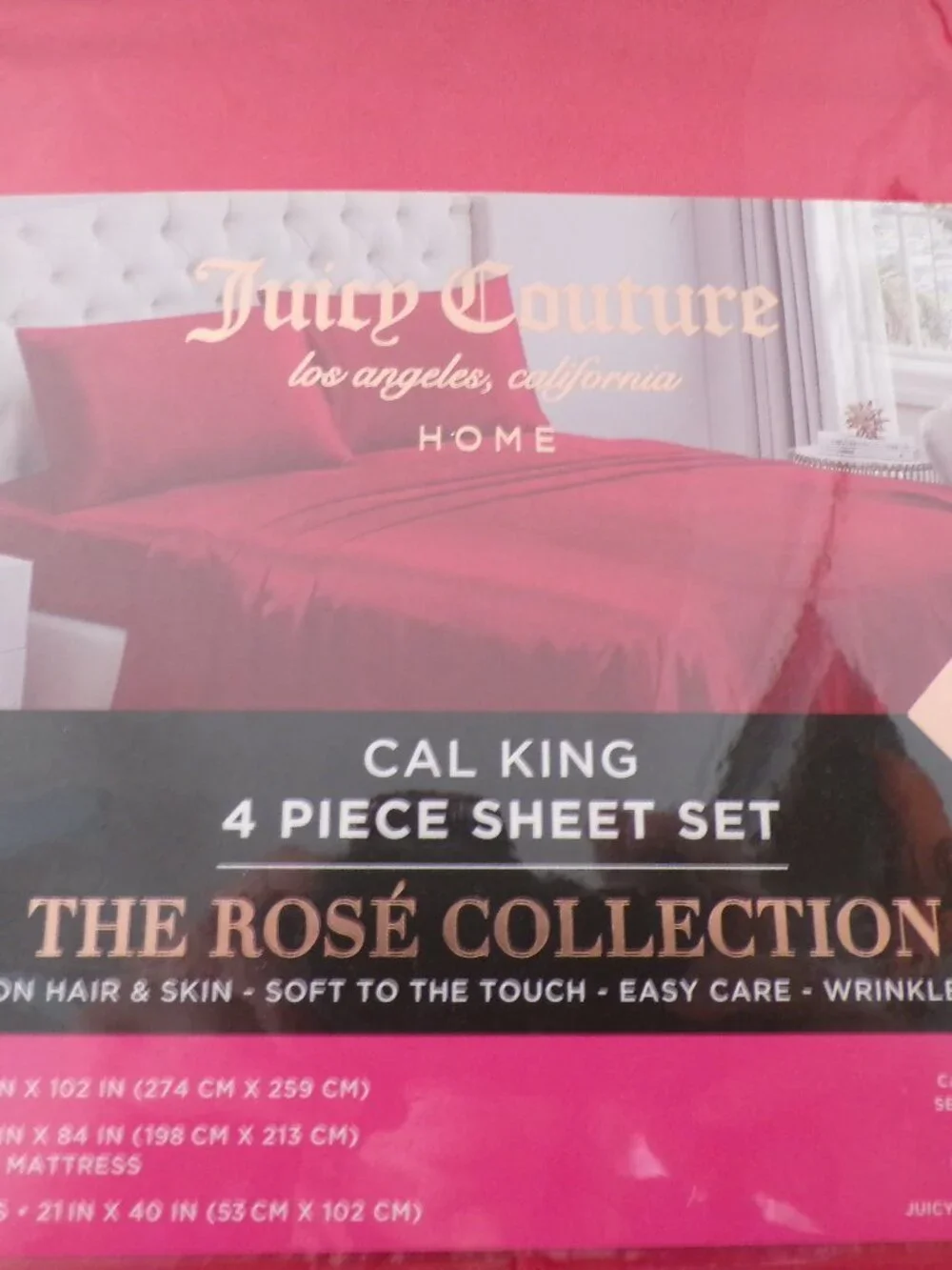 JUICY COUTURE CAL KING RED SATIN SHEET SET Rose Collection NEW